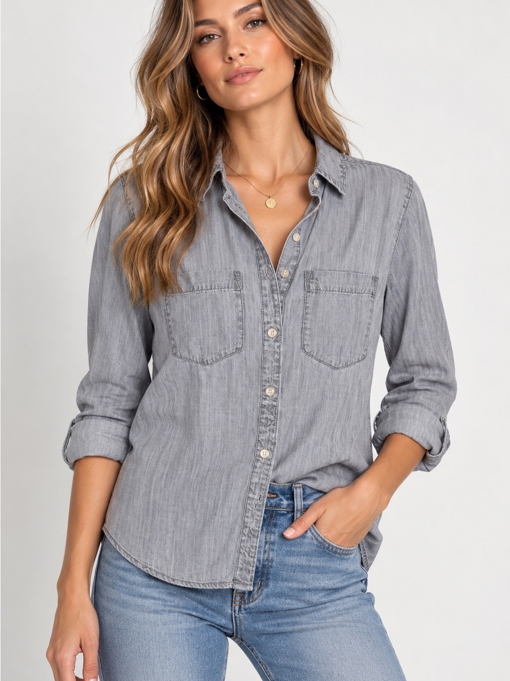 Chico's Gray Tencel Lyocell Chambray Button-Up Shirt - Size 0 (US Small
